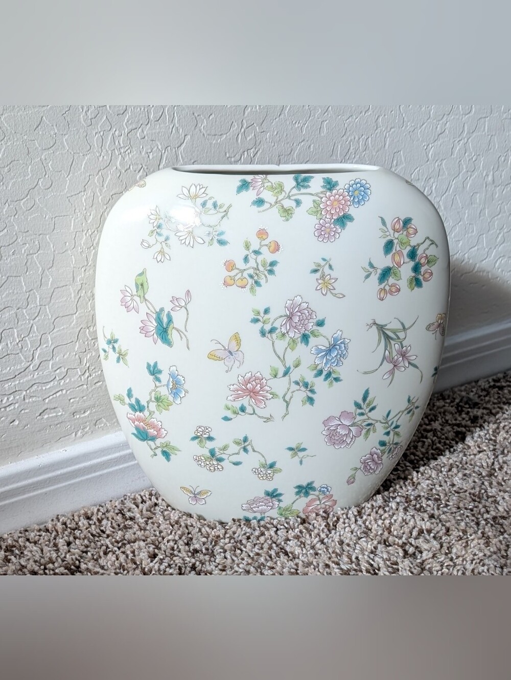 Takahashi 1980s Cho-Cho ("Butterfly") Floral Ceramic Vase Oval 10 Inches